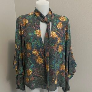 BCBG Multicolor Floral Blouse with Tie Neck
